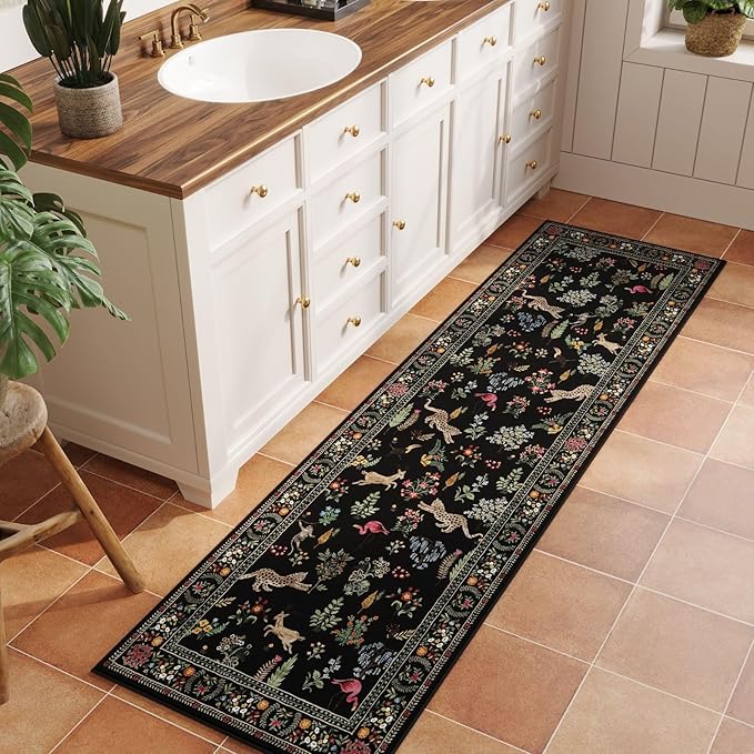 Rugcomf Runner Rug for Kitchen Rug Non Slip 2'6''x8' Washable Rugs with Rubber Backing Soft Floral Animal Carpet Runner for Kitchen, Laundry, Bedroom, Bathroom (Black)