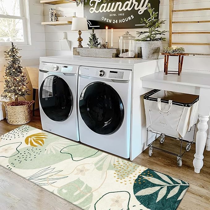 Lahome Green Runner Rugs for Hallway 2x8 Non-Slip Washable Kitchen Rugs Lightweight Low-Pile Throw Laundry Runner Rug, Boho Botanical Print Soft Indoor Carpet Runner for Entryway Bedroom Bathroom
