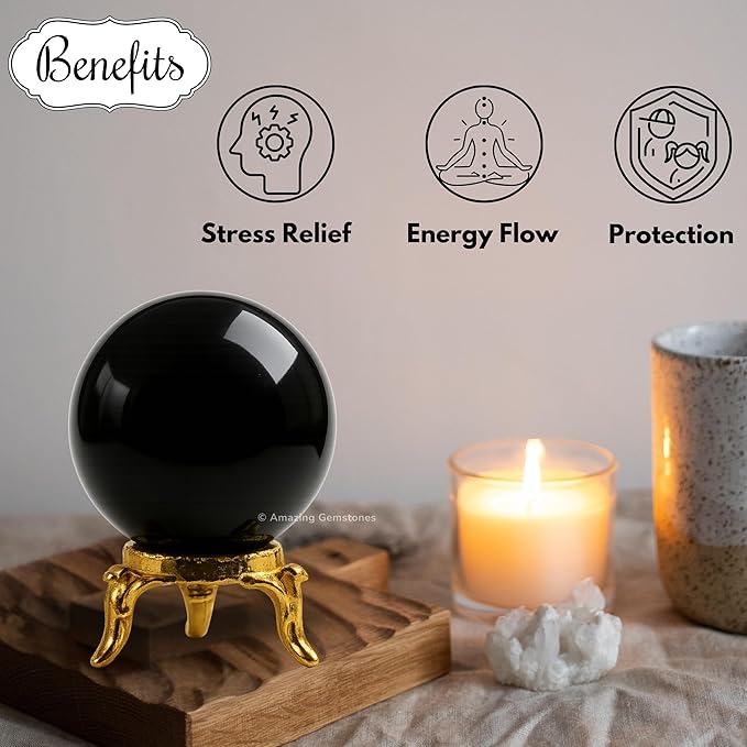 Amazing Gemstone Black Obsidian Crystal Ball with Stand - 2" Inches Crystal Sphere Meditation Balls for Witchcraft and Decorative Balls