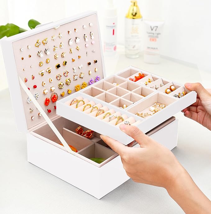 Girls Jewelry Box for Earrings Jewelry Organizer Box Teen Girls Earrings Organizer Jewelry Box Earring Holder Organizer Stud Earring Box for Girls Womens Jewelry Case Organizer White