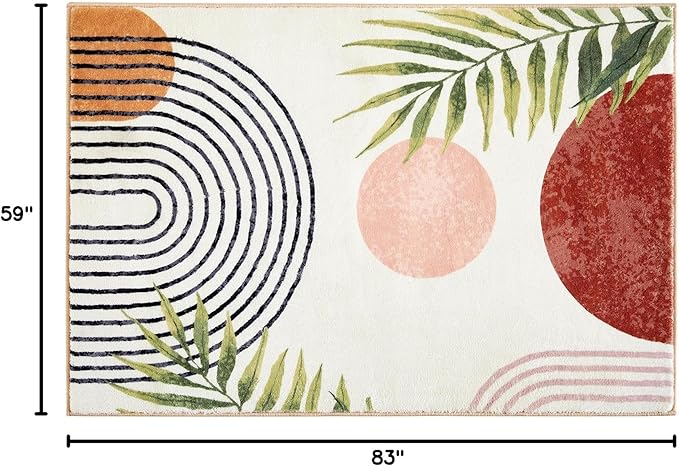 RoomTalks Mid Century Modern Washable Rug, Boho Cute Aesthetic 5x7 Area Rugs for Bedroom Dining Living Room Kitchen, Abstract Tropical Leaves Non Slip Thin Indoor Entryway Rug Accent Floor Carpet