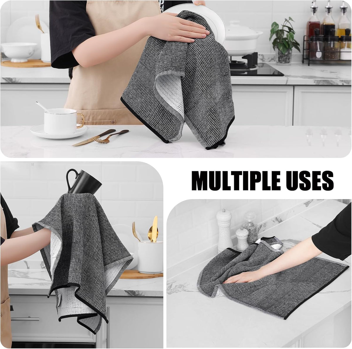 Homaxy Premium Kitchen Towels(18”x 28”, 8 Pack), Large Cotton Kitchen Hand Towels, Flat and Terry Dish Towels, 380 GSM Highly Absorbent Tea Towel Set with Hanging Loop, Black