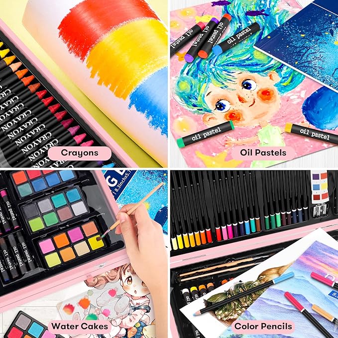 iBayam Arts and Crafts Gifts for Kids 6-14 Year, Teens Girls Christmas Gifts, 150-Pack Art Set Kits with 2 Sketch Pads, Coloring Book, 24 Colored Pencils, 24 Oil Pastels, 24 Watercolor, 60 Crayons