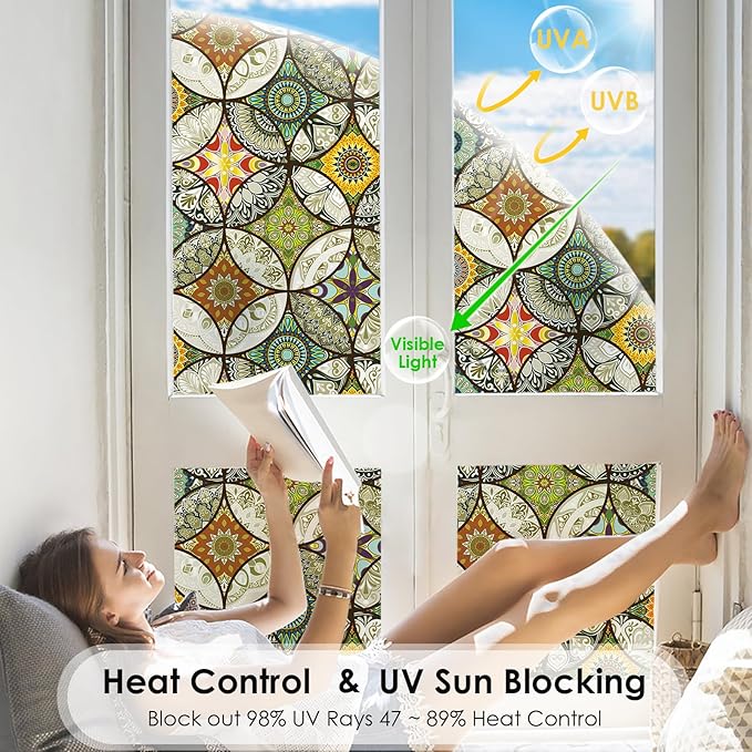 DKTIE Static Cling Decorative Window Film with Installation Tools Non Adhesive Privacy Film Stained Glass Window Film for Bathroom Shower Door Heat Cotrol Anti UV 17.7 x 118.1 Inch