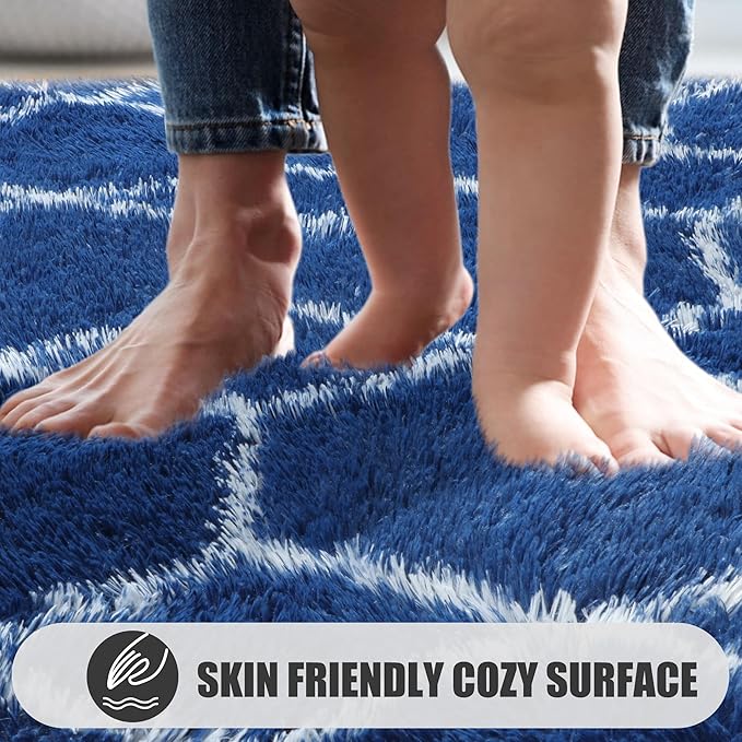 ONASAR Area Rugs for Bedroom Living Room, Washable 4x6 Fluffy Navy Blue and White Throw Rug for Home Decor, Geometric Soft Shaggy Plush Floor Carpet for Kids Girls Boys Teen Nursery Dorm Office
