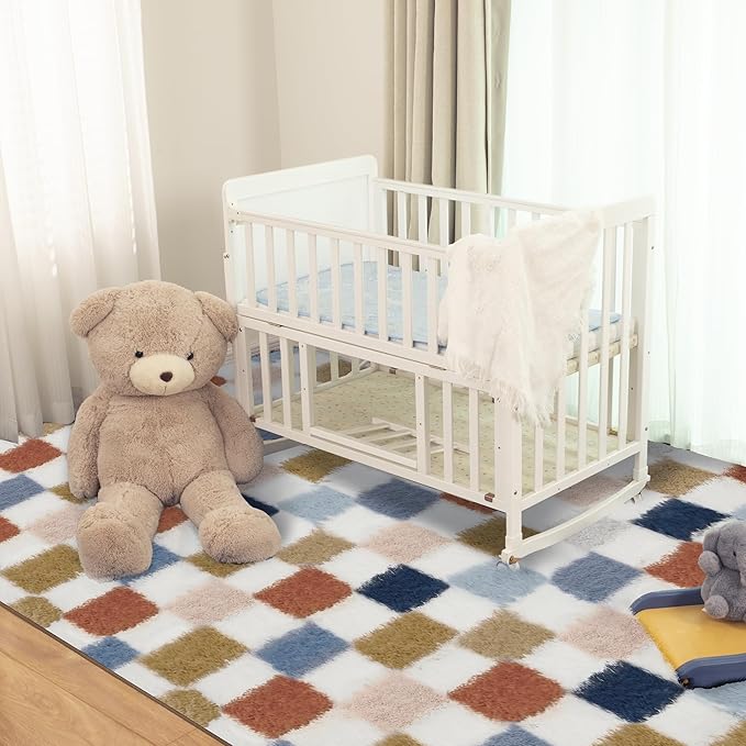 Super Soft Rug for Bedroom, 8x10 Ft Rainbow Area Rug Classic Checkered Shaggy Rug Anti-Skid High Pile Soft Fluffy Fuzzy Carpet for Living Room Bedroom Kids Room Nursery, Dorm Home Decor