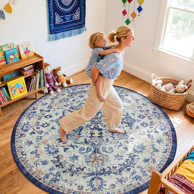 Lahome Bohemian Washable Round Rugs 6ft, Large Circle Rug for Living Room Bedroom, Soft Non-Slip Non-Shedding Loe Pile Printed Indoor Carpet for Kitchen Dining Room Office, Blue Purple/Multi