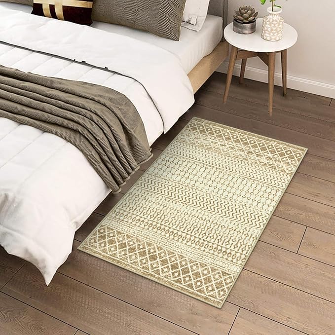 Moroccan Washable Rug for Bedroom, 2x3 Tan Distressed Door Mat Non Slip Kitchen Rug, Low-Pile Soft Faux Wool Floor Carpet for Entryway Kitchen Bathroom Bedroom