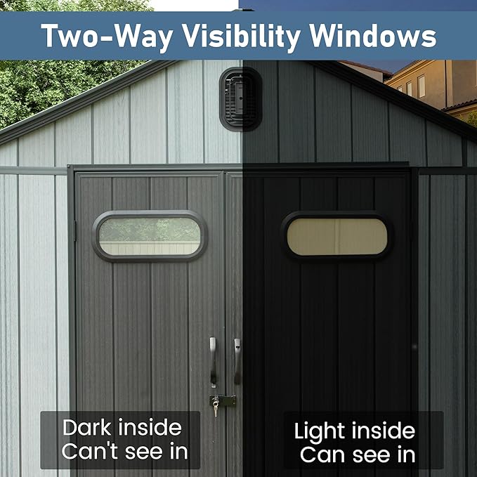 Domi 8x6 FT Outdoor Resin Storage Shed, All-Weather Double-Wall Storage Building for Backyard, Garden, Lawn Tools, Mower, Bike & Pool Equipment, Lockable Doors, Ventilated Roof, Grey
