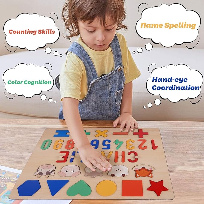 Personalized Name Puzzle for Toddlers 1-3 Wooden Alphabet Shape Number Blocks Personalized Baby Gifts 1st Birthday for Girls & Boys Preschool Educational Montesorri Toys for 1 Year Old 2 3 4 5