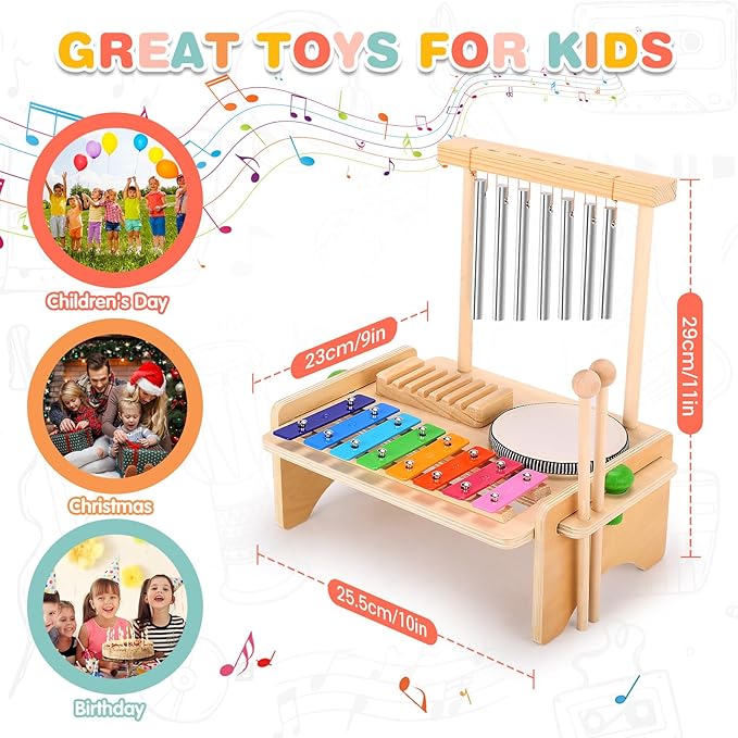 Kids Drum Set for Toddlers, Montessori Musical Instruments Toys, Toddler Drum Set Wooden Xylophone Musical Toys Birthday for Children Boys and Girls