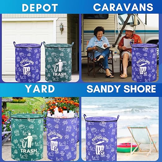 1 Pcs 30 Gallon Collapsible Trash Can Portable Waterproof Reusable with Zippered Lid for RV's, Camping, Recycling, Yard Waste, Leaf Bag, Children Toy Bin (Recycling)