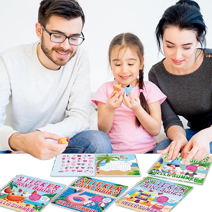 4Pcs Summer Paint by Sticker Books for Kids Ages 4-8 Hello Summer Sticker by Number Books Activity Book for Kids Age 3-5 Puzzle Book Craft Art Toddler Gift with Crab Flamingo Sand Castle 32 Pictures