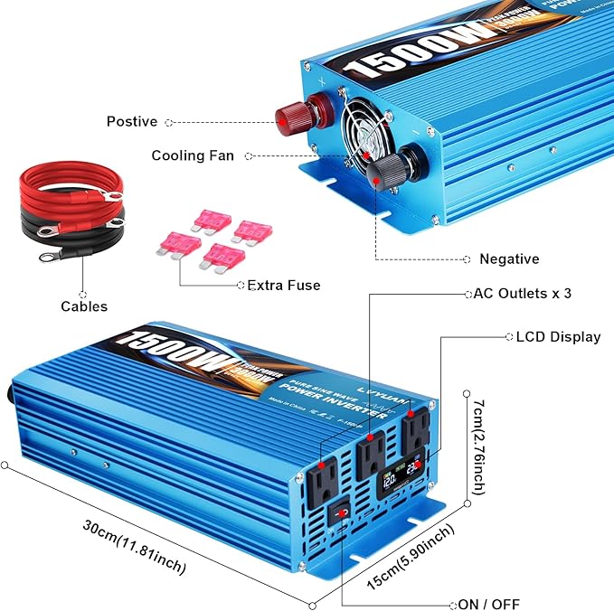 LVYUAN 1500 Watt Pure Sine Wave Inverter 12V to 110V 120V DC to AC with LCD Display, 3 U.S. Outlet, USB Charger Ports, Car Power Inverter for Vehicles, RV, Outdoor, Home