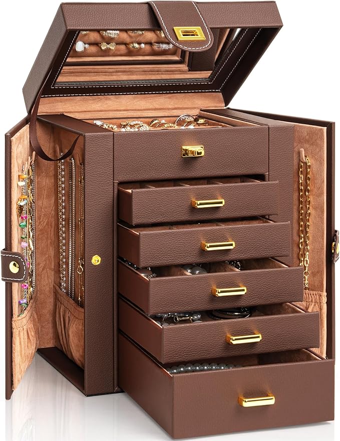 AKOZLIN Jewelry Box Organizer Functional Leather Jewelry Storage Case for Women Girls Ring Necklace Earring Bracelet Holder Organizer with Mirror Brown