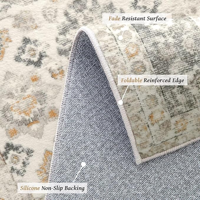 Washable 10x14 Area Rugs for Living Room, Boho Non-Slip Silicone Backing Rugs for Bedroom Dining Room Office, 0.3" Neutral Oriental Throw Carpet with 0.16" Cushioning Pad, Grey/Multi
