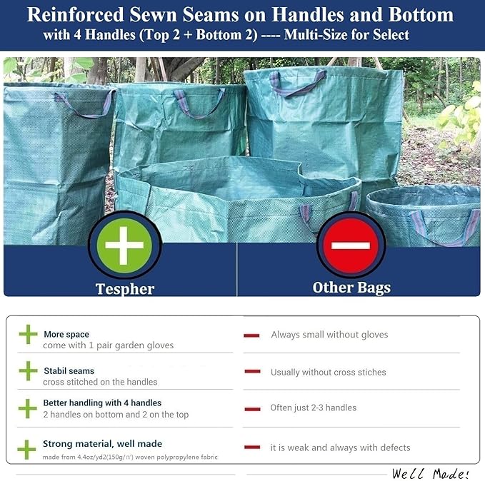 Professional 2-Pack 80 Gallon Large Yard Garden Bags (D26, H33 in) with Gardening Gloves for Yard Waste,Leaf Bags,Debris Bag,Garden Trash Container,Recycle Bin,Lawn Grass Clippings,Weeds Bag 4 Handles