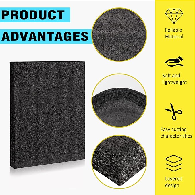 2 Pcs 12 x 16 x 1INCH Black Polyurethene Foam Sheets,Cuttable Packing Foam Block Foam Padding for Packing and Crafts,Toolbox Storage.