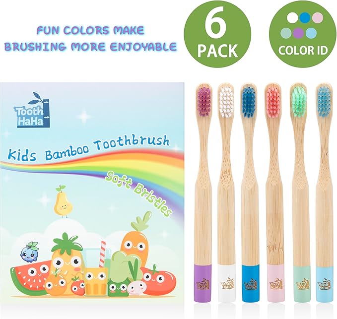 Kids Bamboo Toothbrushes, BPA-Free Soft Bristles, Eco-Friendly Natural Wooden Toddler Toothbrush, 6-Pack Travel Toothbrushes Set for Children