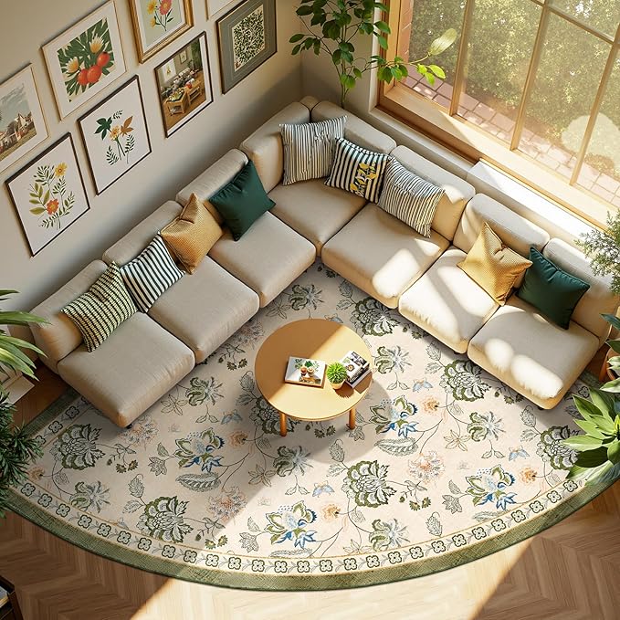 jinchan Floral Corner Rug for Living Room Washable Bedroom Rug Vintage Romance Design Non Slip Quarter Circle Lightweight Low-Pile Throw Carpet for Reading Nook Playroom,7ft Radius, Green/Beige