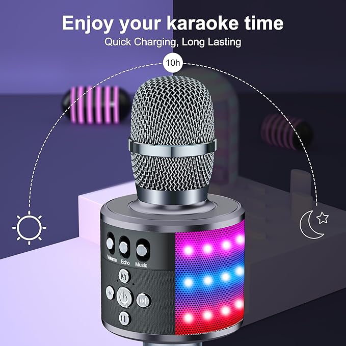 BONAOK Karaoke Microphone for Kids & Adults - Bluetooth Microphones Singing Mic with Disco Lights, Echo Effect, Built-in Speaker Portable Karaoke Player for Party Travel Gifts Q78(Space Gary)