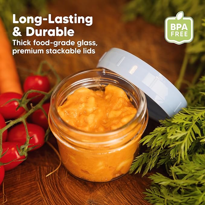 KeaBabies 12pk 4oz Glass Baby Food Containers with Lids - Leak-Proof, Microwavable Small Glass Jars, Baby Purees & Toddler Snack Storage Containers, BPA-Free, Dishwasher & Freezer Safe (Nord)