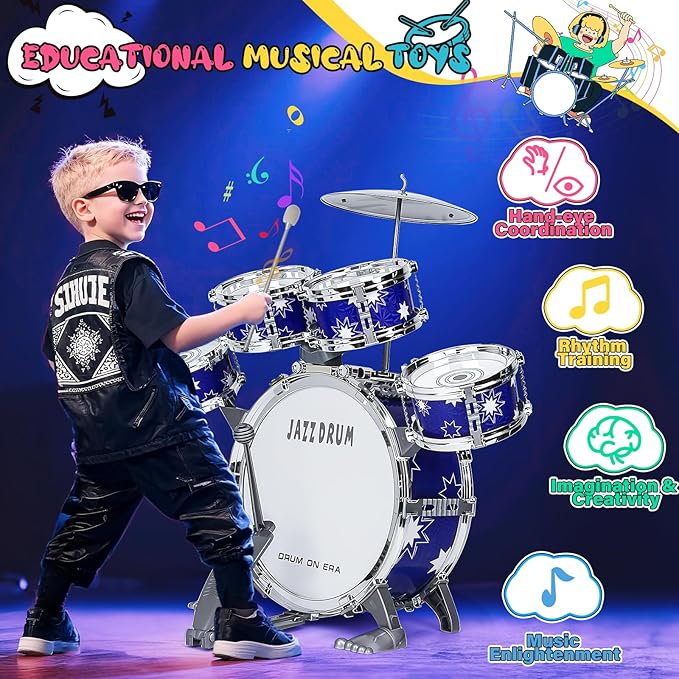 Upgraded Drum Set for Kids 3-5 Toddler Toy Ages 2-4 Jazz Drums Kit with Stool Musical Instrument Toys for 3 4 5 Year Old Girls Boys Gifts