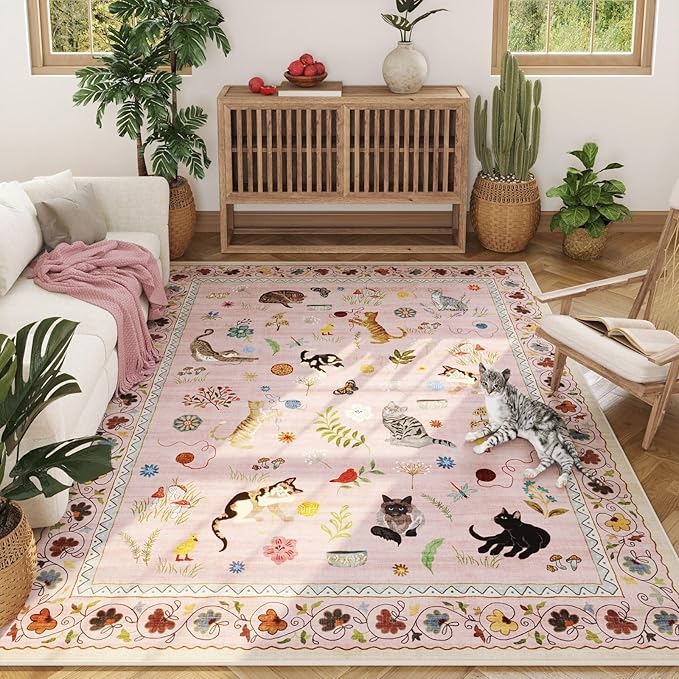Rugcomf Area Rugs 8x10 Rug for Living Room Clearance Washable Boho Area Rug Non Slip Floral Animal Cat Vintage Low Pile Large Rug for Living Room Bedroom Farmhouse Dining Room Kids Playroom, Pink