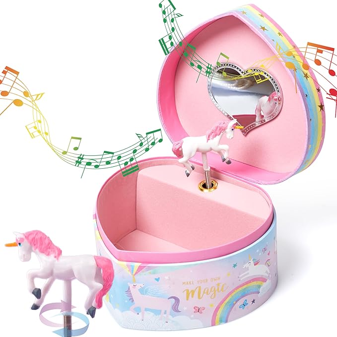 Jewelkeeper Music Jewelry Box for Girls - Sturdy Plastic with Fancy Mirror Twirling Unicorn Figurine and Flocked Lining - Kids Jewelry Box for Secrets and Keepsakes - Heart Shaped Unicorn Print