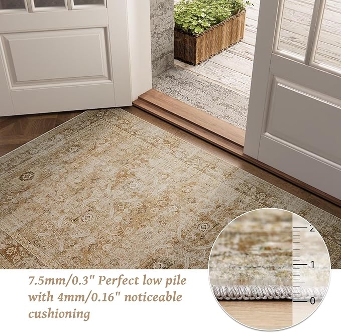 Washable 6x9 Area Rugs for Living Room, Boho Non-Slip Silicone Backing Large Rugs for Bedroom Dining Room Nursery Office, 0.3" Neutral Oriental Throw Carpet with 0.16" Cushioning Pad, Brown/Multi