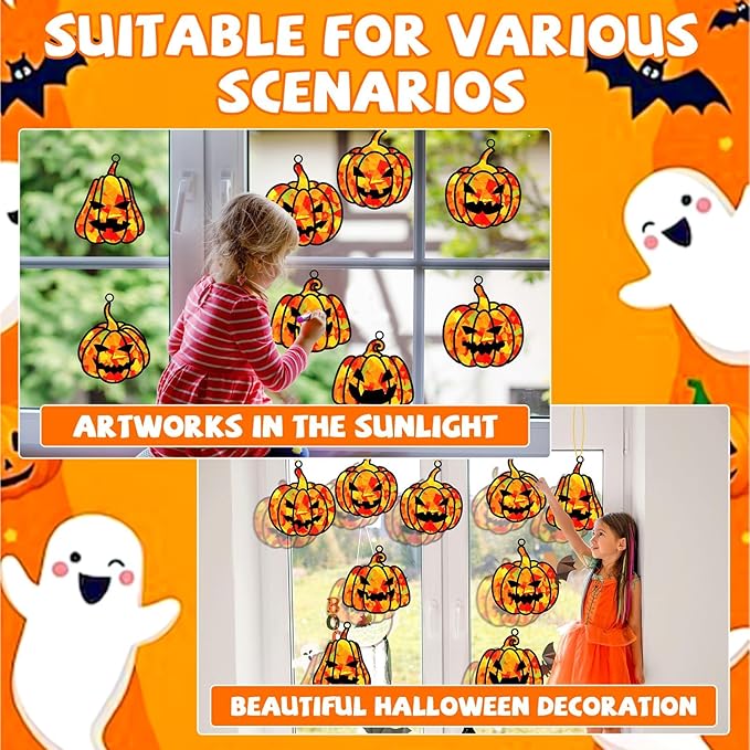 32 Sets Fall Halloween Pumpkin Suncatchers Craft Kit DIY Window Stained Glass Effect Halloween Pumpkin Paper Craft Home School Classroom Decoration Kid Birthday Gift Creative Art Project Activity Game