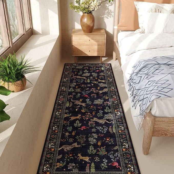 Rugcomf Runner Rug for Kitchen Rug Non Slip 2'6''x8' Washable Rugs with Rubber Backing Soft Floral Animal Carpet Runner for Kitchen, Laundry, Bedroom, Bathroom (Blue)