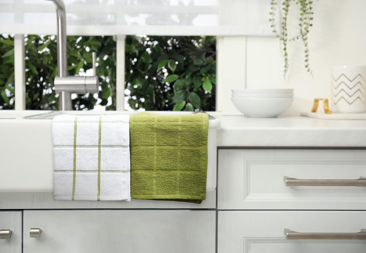 100% Cotton Terry Dish Cloth & Dish Towel, 6 Pack, Super Soft and Absorbent Kitchen Towels, Perfect for Kitchen Cleaning and Dish Washing (Green (Solid and Checks) 8 Pack)