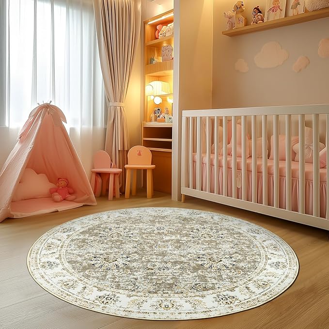 jinchan Round Rug 6ft Area Rugs Vintage Floral Distressed Design - Machine Washable Non-Slip Low-Pile Ultra-Thin Circle Rug for Entryway Bedside Living Room Dining Room Bedroom (6' Round,Taupe)