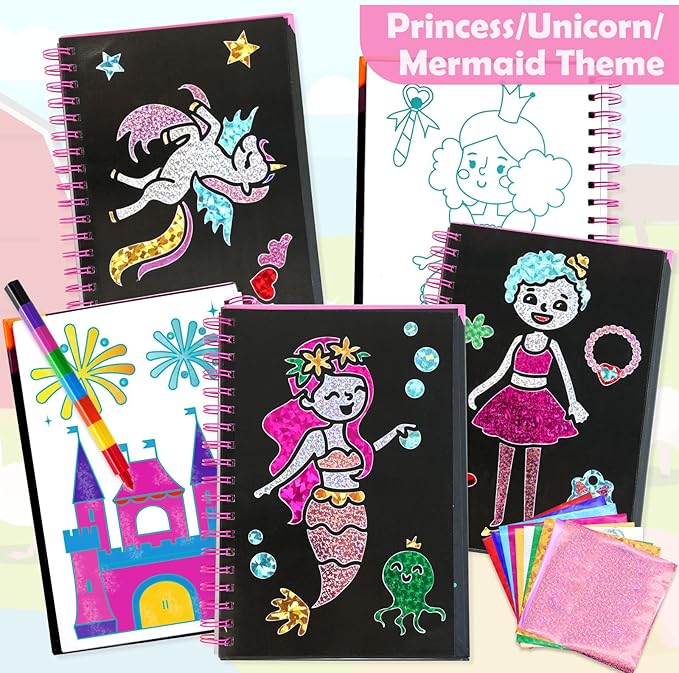 FUNNYB&G Foil Art Craft Activity for Kids - Halloween Crafts Gift Party Favors for Kids Fun Art Supplies Creative Birthday Gift Travel Toys for Girls Boys 4 5 6 7 8 9 Years Old(Princess)