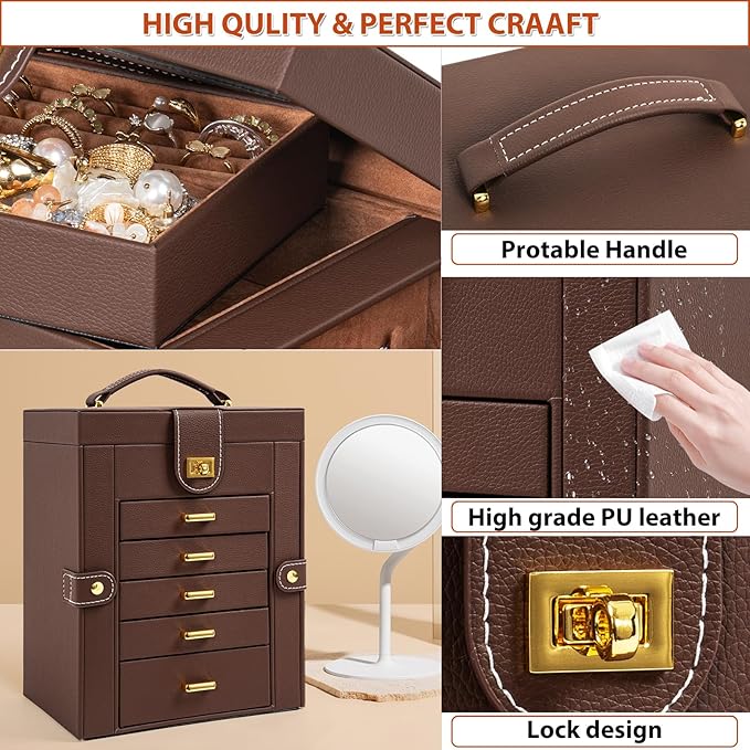 AKOZLIN Jewelry Box Organizer Functional Leather Jewelry Storage Case for Women Girls Ring Necklace Earring Bracelet Holder Organizer with Mirror Brown