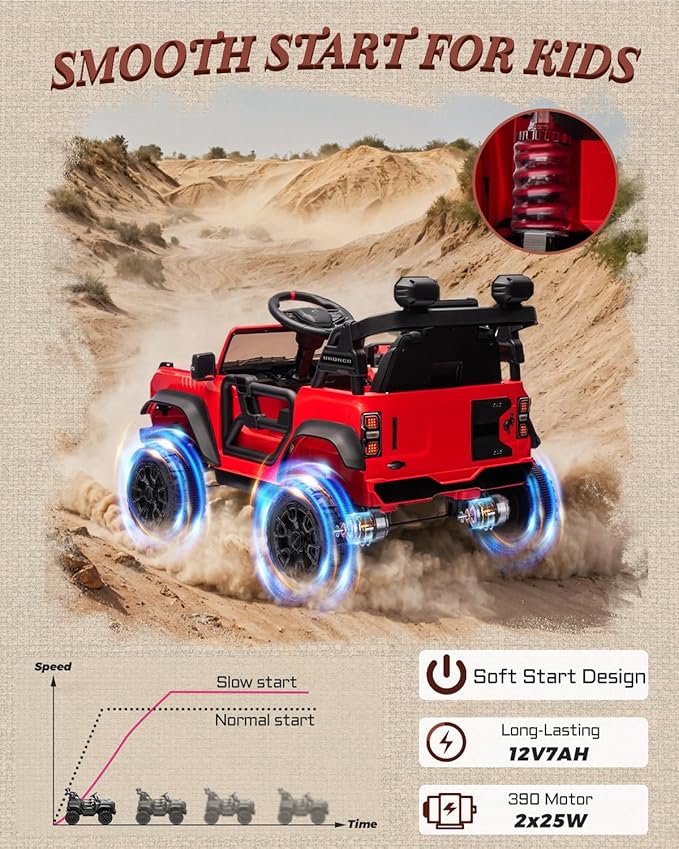 Ford Bronco Raptor Licensed 12V Ride on Toys, Kids Ride on Car with Remote Control, Electric Car for Toddler with Smooth Start, Openable Doors, MP3 Player, 3 Speeds (12V, Red)