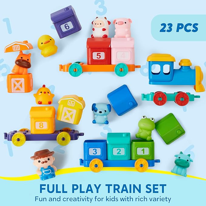 Learning Toy for Toddlers 1 2 3 Years Old, Counting, Matching & Sorting Montessori Learning Farm Train Including 9 Farm Animals and 1 Farmer, Easter Christmas Birthday Gift for Baby Boys Girls
