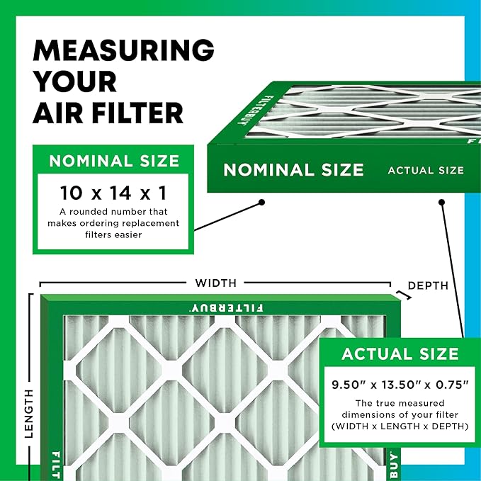 Filterbuy 10x14x1 Air Filter MERV 13 Optimal Smoke & Allergy Defense (3-Pack), Electrostatic Pleated HVAC AC Furnace Filters Replacement, Made in USA (Actual Size: 9.50 x 13.50 x 0.75)