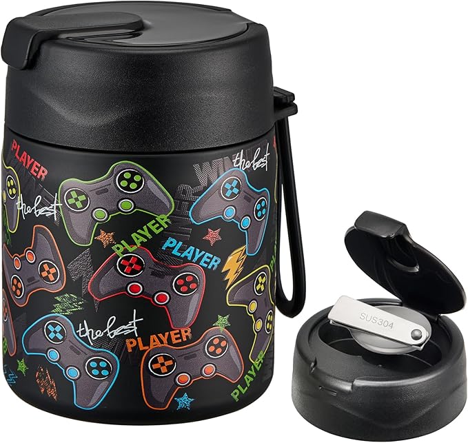 17oz Soup Thermo for Hot Food Kids,Insulated Food Jar with Spoon,Thermo Hot Food Lunch Container,Wide Mouth Leakproof Stainless Steel Lunch Box for School-Black Game