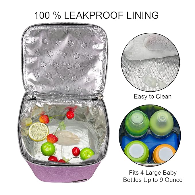 Breast Milk Cooler Bag with Ice Pack Fits 4 Baby Bottles Up to 9 Ounce, Baby Bottle Bag Great for Nursing Mom Daycare, Purple