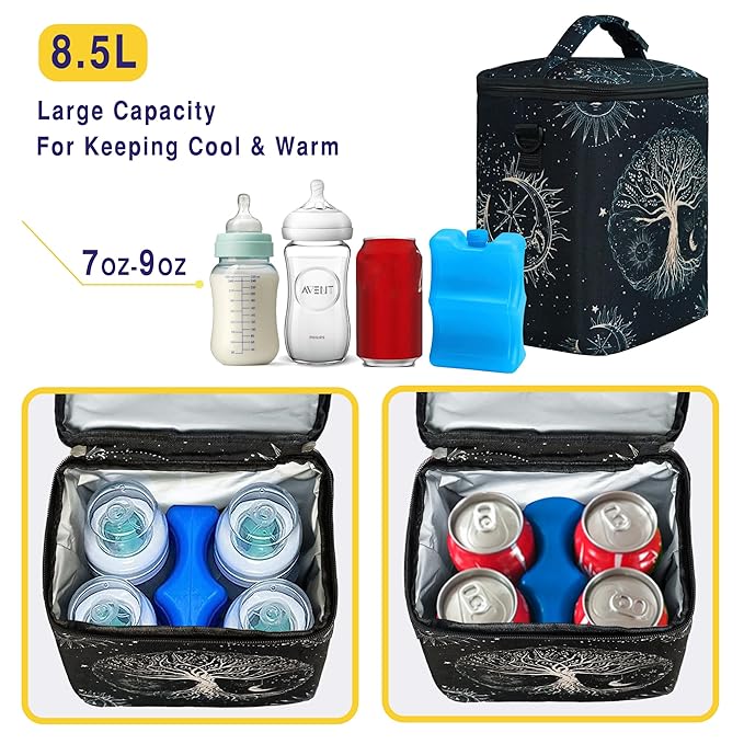 Breastmilk Cooler Bag with Ice Pack Fits 4 Baby Bottles Up to 9 Ounce Insulated Baby Bottle Bag Breast Milk Cooler on The Go with Strap Baby Bottle Cooler Bag for Nursing Mom Daycare or Travel