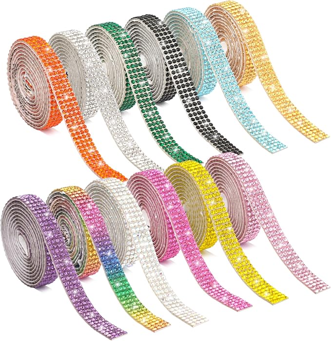 12 Rolls Rhinestone Ribbon Self Adhesive,0.35" X12 Yard Bedazzling Kit with 2 mm Rhinestones Bedazzling Strips for Gift Wrapping Wedding Decor DIY Crafts(12 Colors)
