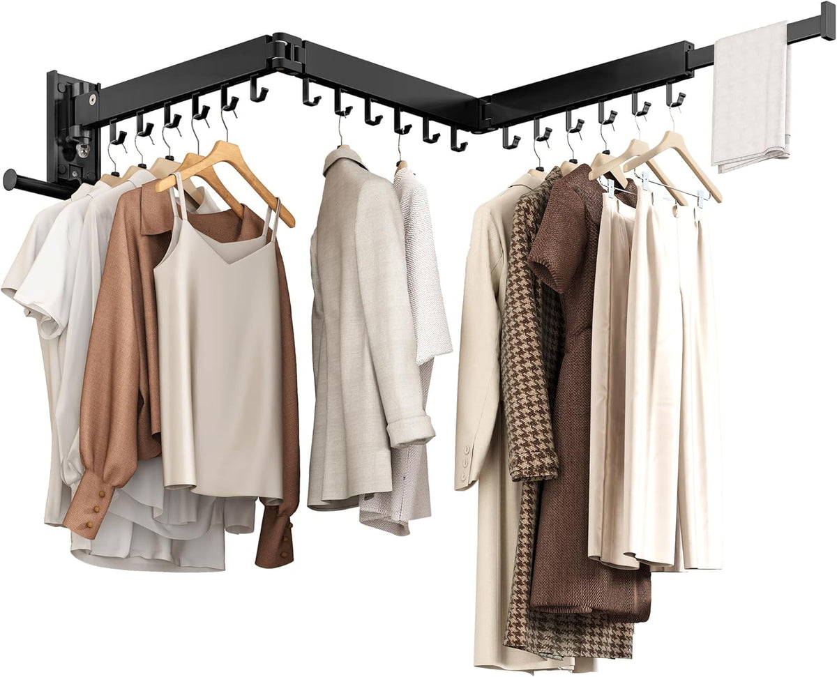 Wall Mounted Collapsible Clothes Drying Rack, Space-Saving Laundry Drying Rack Clothing Hanger, Durable Foldable Design Extends Left, Right & Up for Upgraded Versatility