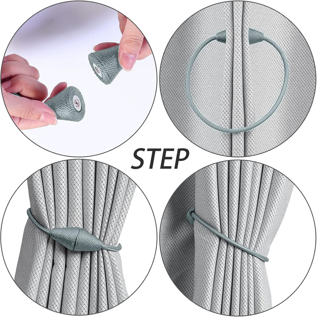 2 PCS Magnetic Curtain Tiebacks, European Style Convenient Drape Tie Backs Holdbacks for Thin or Thick Home & Office Window Draperies, No Tools Required (Grey Blue)