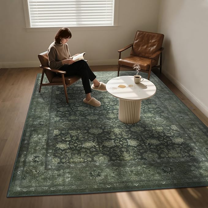 5x7 Washable Area Rug for Living Room, Non Slip Vintage Floral Rugs for Bedroom, Retro Indoor Floor Carpet for Kitchen, Dining Room, Farmhouse, Classroom (Distressed Green)
