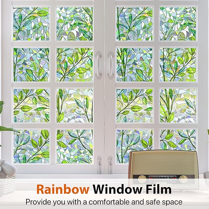 Niviy Window Privacy Film Stained Glass Window Film with Installation Tools, Rainbow Windows Decorative Decals Non-Adhesive Reusable for Home, Bathroom, Glass Door (Leaf Rainbow, 29.5 x 78.7 in)
