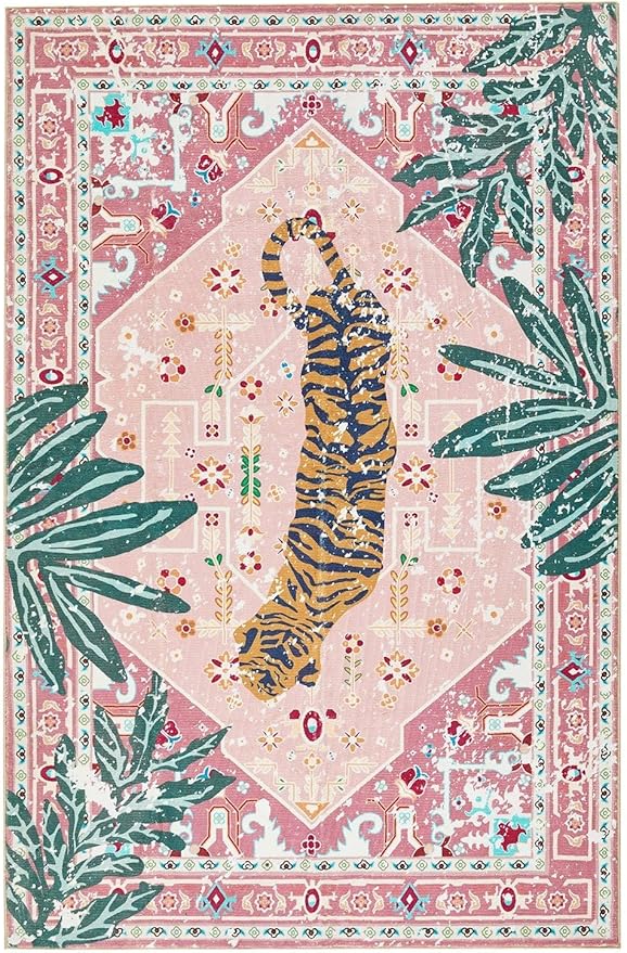 Washable Pink Rugs Boho Vintage Tropical Jungle 9x12 Area Rugs Tribal Oriental Carpet for Bedroom Kitchen Dining Living Room Office Distressed Indoor Cute Nursery Rug