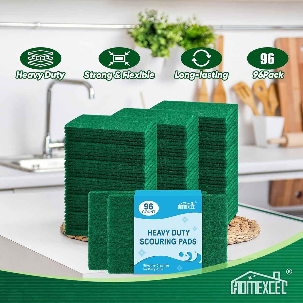 HOMEXCEL Heavy Duty Scouring Pad, 96 Pack Green Scrubbing Pads, Dish Scrubber Reusable for Cleaning, Multipurpose Scrub Pads for Household Kitchen Dishes Pots Pans & Metal Grill