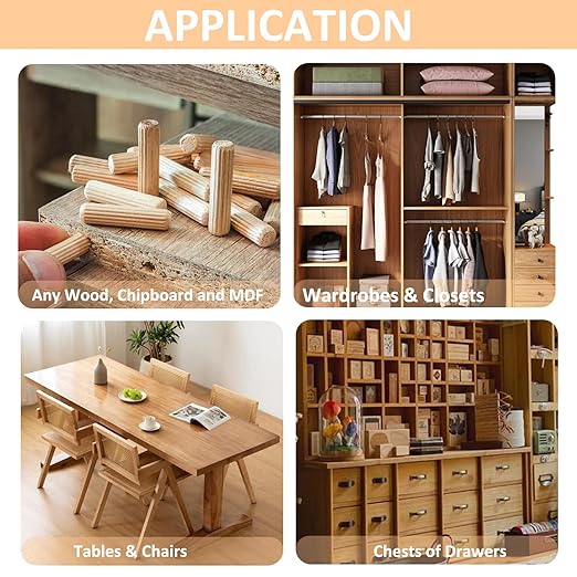 200 Pcs Wooden Dowel Pins - 1/4 inch, 5/16 inch,3/8 inch Fluted Wood Dowels Rods,Hardwood Crafts Dowel Pegs